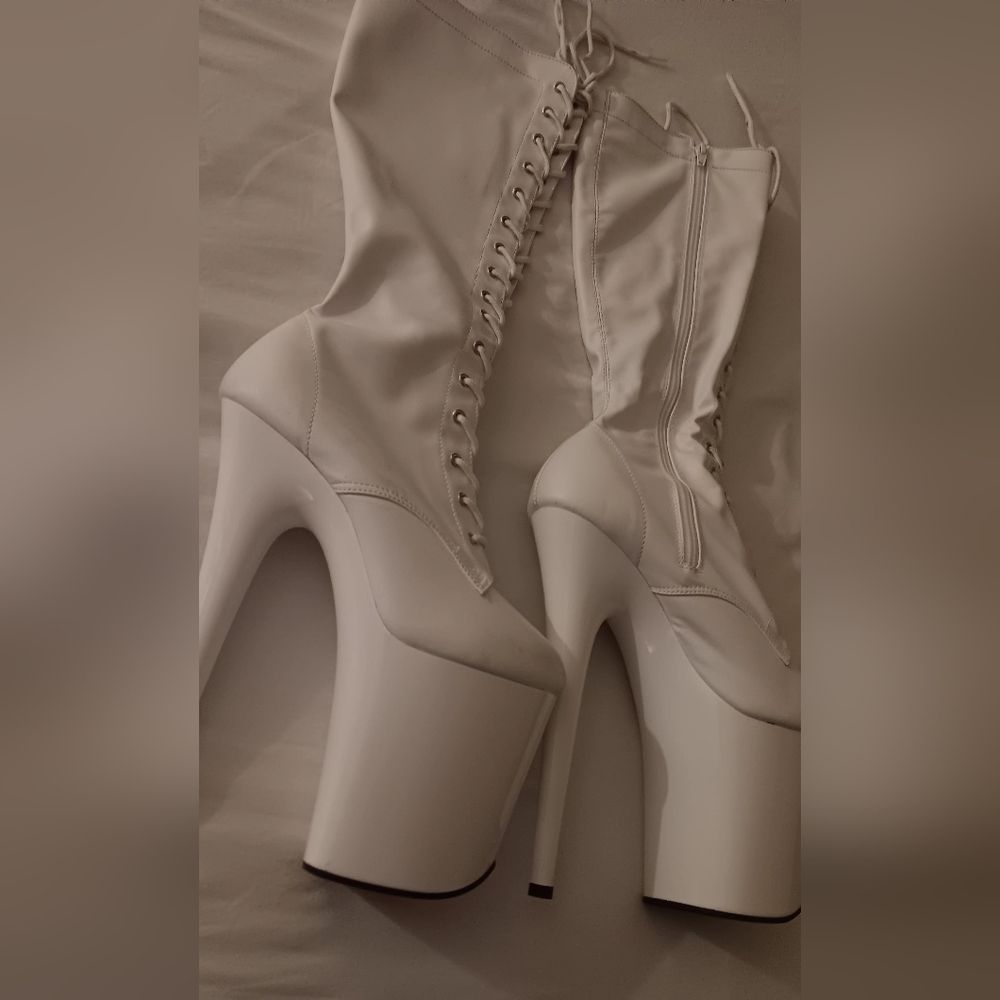 Pleaser 7/8 inch white mid clalf platform boot heels flamingo 2023